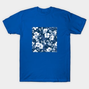 white flowers on deep blue backdrop T-Shirt